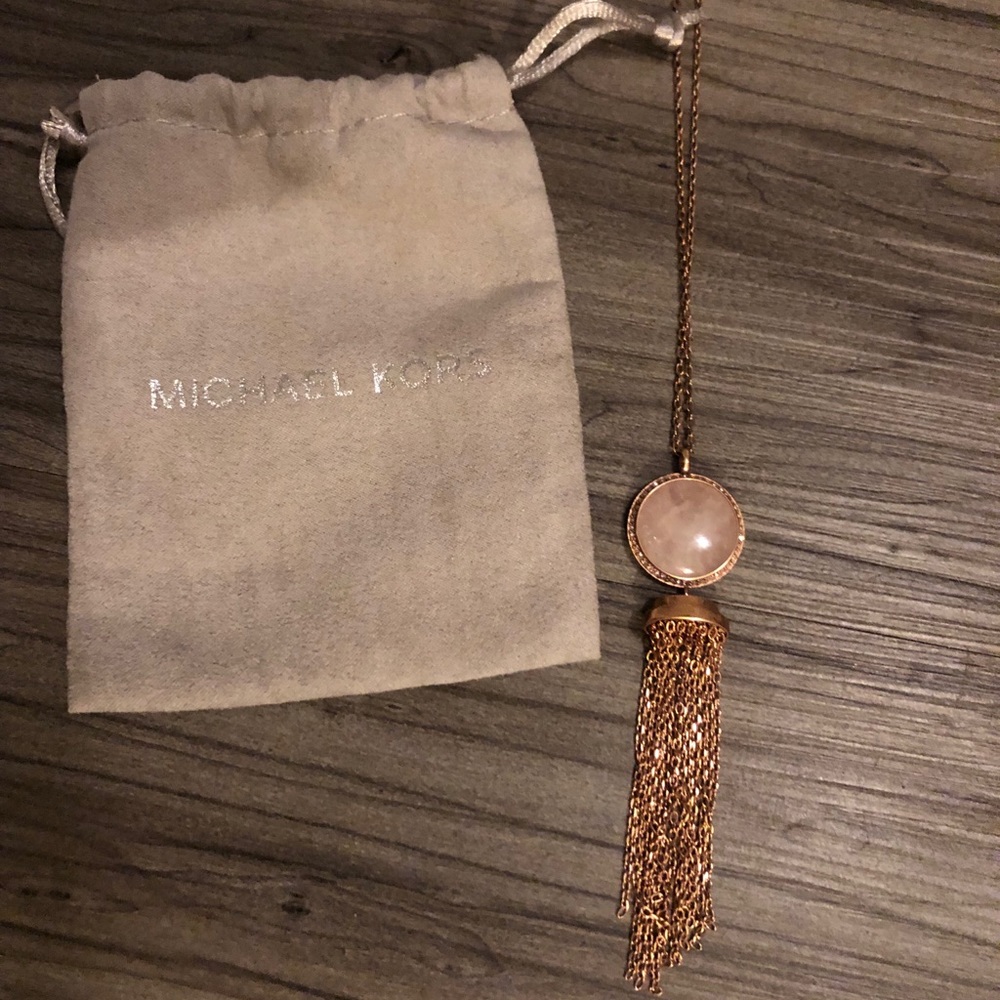 Michael Kor’s  Long Rose Gold Quartz Necklace